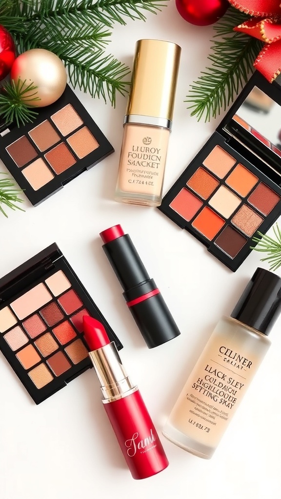 Holiday Makeup Wishlist Flat lay of holiday makeup products including foundation, eyeshadow palette, lipstick, highlighter, and setting spray on a festive background.